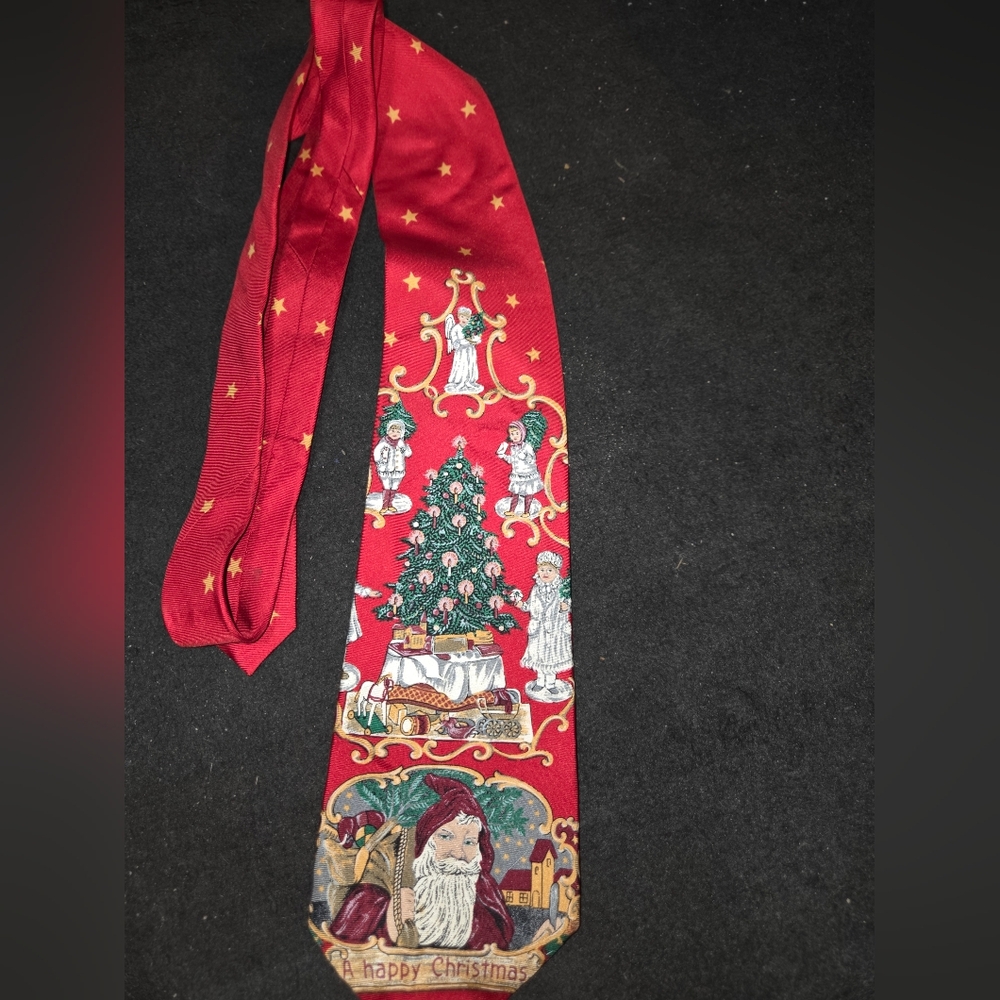 Christmas Necktie Santa Sleigh Reindeer Print Holiday Towncraft 100% Silk